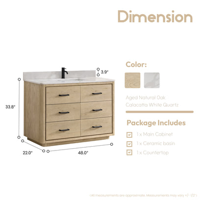 Vinnova, Porto 48" Free-standing Single Bath Vanity in Aged Natural Oak with Fish Maw White Quartz Stone Top