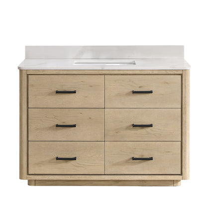 Vinnova, Porto 48" Free-standing Single Bath Vanity in Aged Natural Oak with Fish Maw White Quartz Stone Top
