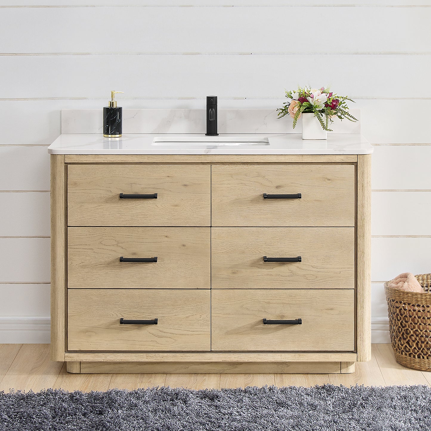 Vinnova, Porto 48" Free-standing Single Bath Vanity in Aged Natural Oak with Fish Maw White Quartz Stone Top