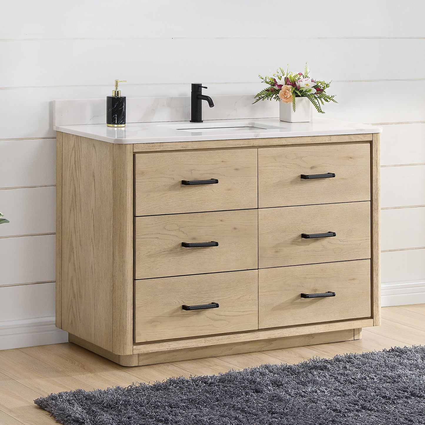 Vinnova, Porto 48" Free-standing Single Bath Vanity in Aged Natural Oak with Fish Maw White Quartz Stone Top