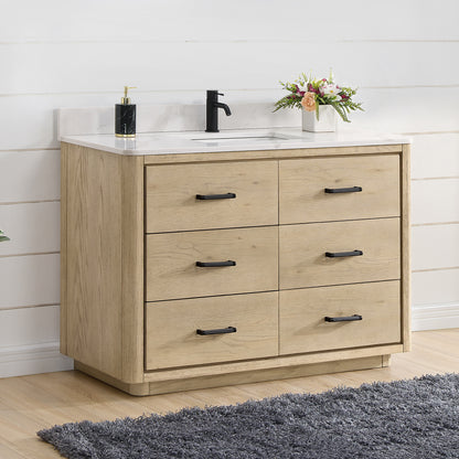 Vinnova, Porto 48" Free-standing Single Bath Vanity in Aged Natural Oak with Fish Maw White Quartz Stone Top