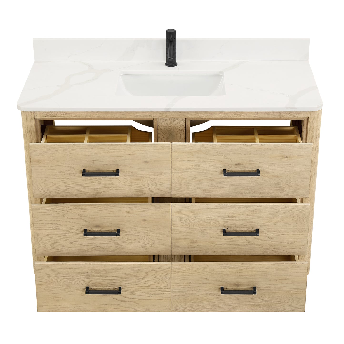 Vinnova, Porto 48" Free-standing Single Bath Vanity in Aged Natural Oak with Fish Maw White Quartz Stone Top and Mirror