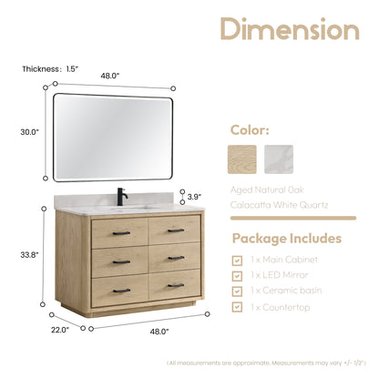 Vinnova, Porto 48" Free-standing Single Bath Vanity in Aged Natural Oak with Fish Maw White Quartz Stone Top and Mirror