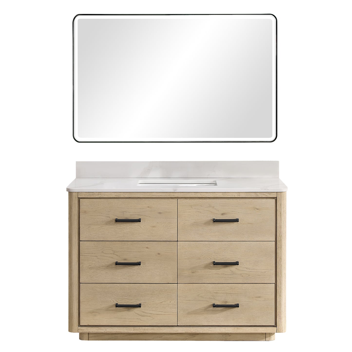 Vinnova, Porto 48" Free-standing Single Bath Vanity in Aged Natural Oak with Fish Maw White Quartz Stone Top and Mirror