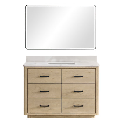 Vinnova, Porto 48" Free-standing Single Bath Vanity in Aged Natural Oak with Fish Maw White Quartz Stone Top and Mirror
