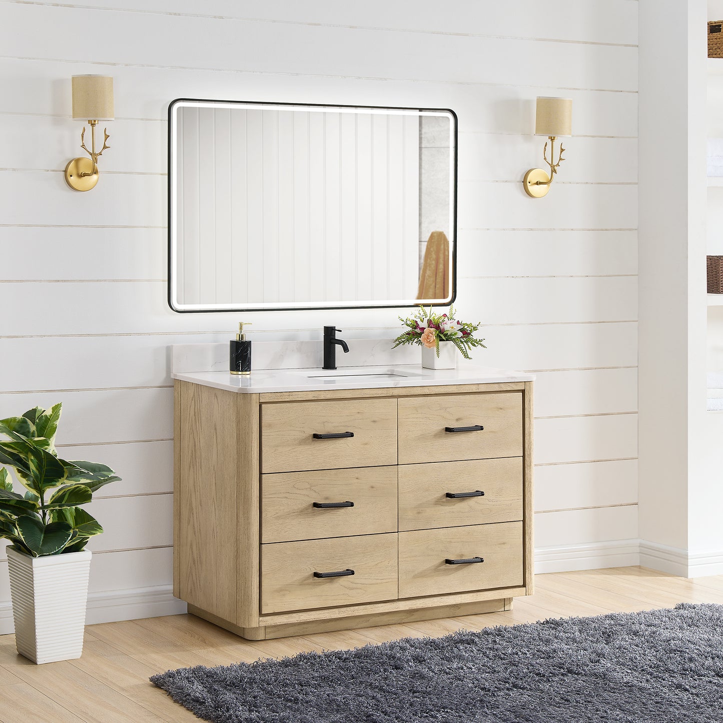 Vinnova, Porto 48" Free-standing Single Bath Vanity in Aged Natural Oak with Fish Maw White Quartz Stone Top and Mirror