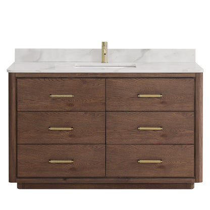 Vinnova, Porto 55" Free-standing Single Bath Vanity in Aged Dark Brown Oak with Fish Maw White Quartz Stone Top