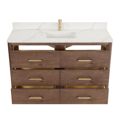 Vinnova, Porto 55" Free-standing Single Bath Vanity in Aged Dark Brown Oak with Fish Maw White Quartz Stone Top