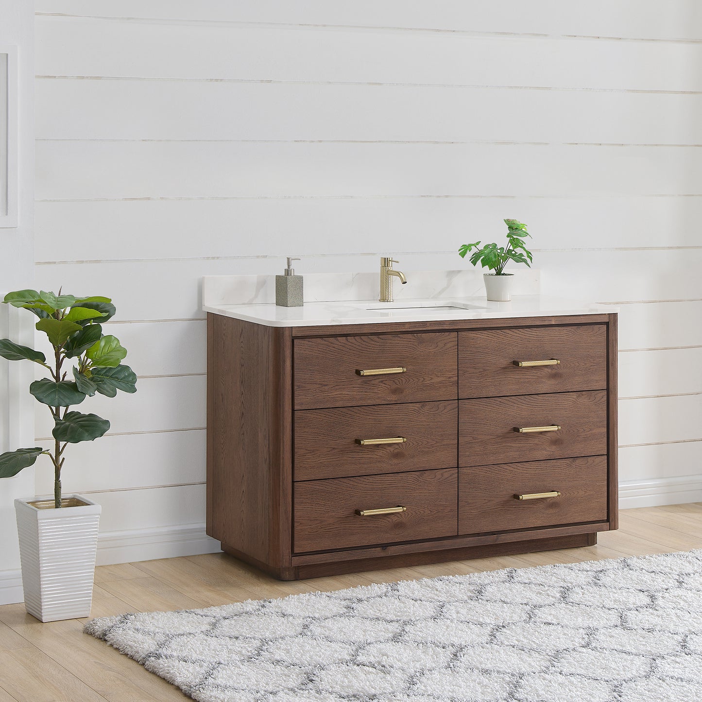 Vinnova, Porto 55" Free-standing Single Bath Vanity in Aged Dark Brown Oak with Fish Maw White Quartz Stone Top
