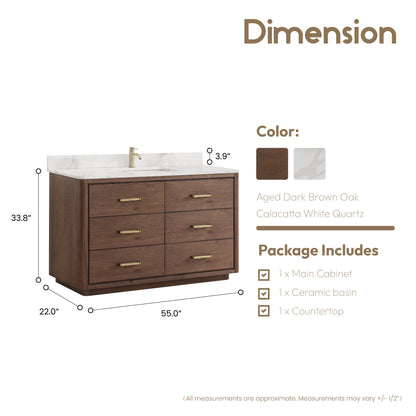 Vinnova, Porto 55" Free-standing Single Bath Vanity in Aged Dark Brown Oak with Fish Maw White Quartz Stone Top