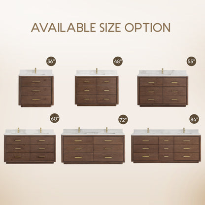 Vinnova, Porto 55" Free-standing Single Bath Vanity in Aged Dark Brown Oak with Fish Maw White Quartz Stone Top