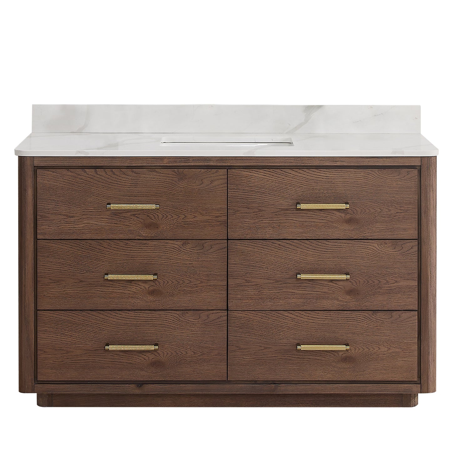 Vinnova, Porto 55" Free-standing Single Bath Vanity in Aged Dark Brown Oak with Fish Maw White Quartz Stone Top