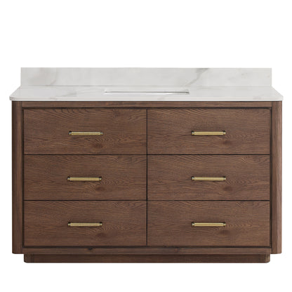 Vinnova, Porto 55" Free-standing Single Bath Vanity in Aged Dark Brown Oak with Fish Maw White Quartz Stone Top