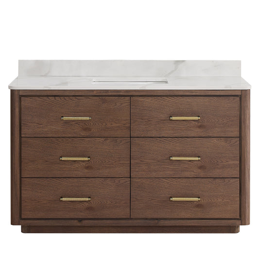 Vinnova, Porto 55" Free-standing Single Bath Vanity in Aged Dark Brown Oak with Fish Maw White Quartz Stone Top