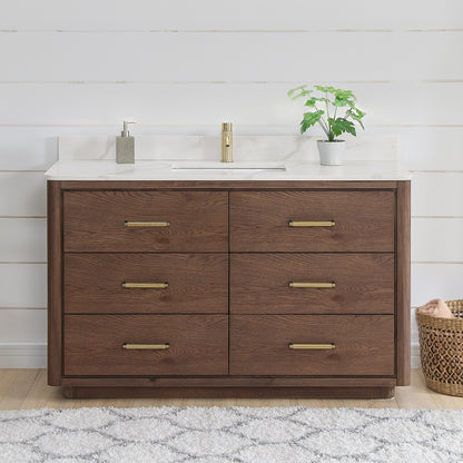 Vinnova, Porto 55" Free-standing Single Bath Vanity in Aged Dark Brown Oak with Fish Maw White Quartz Stone Top