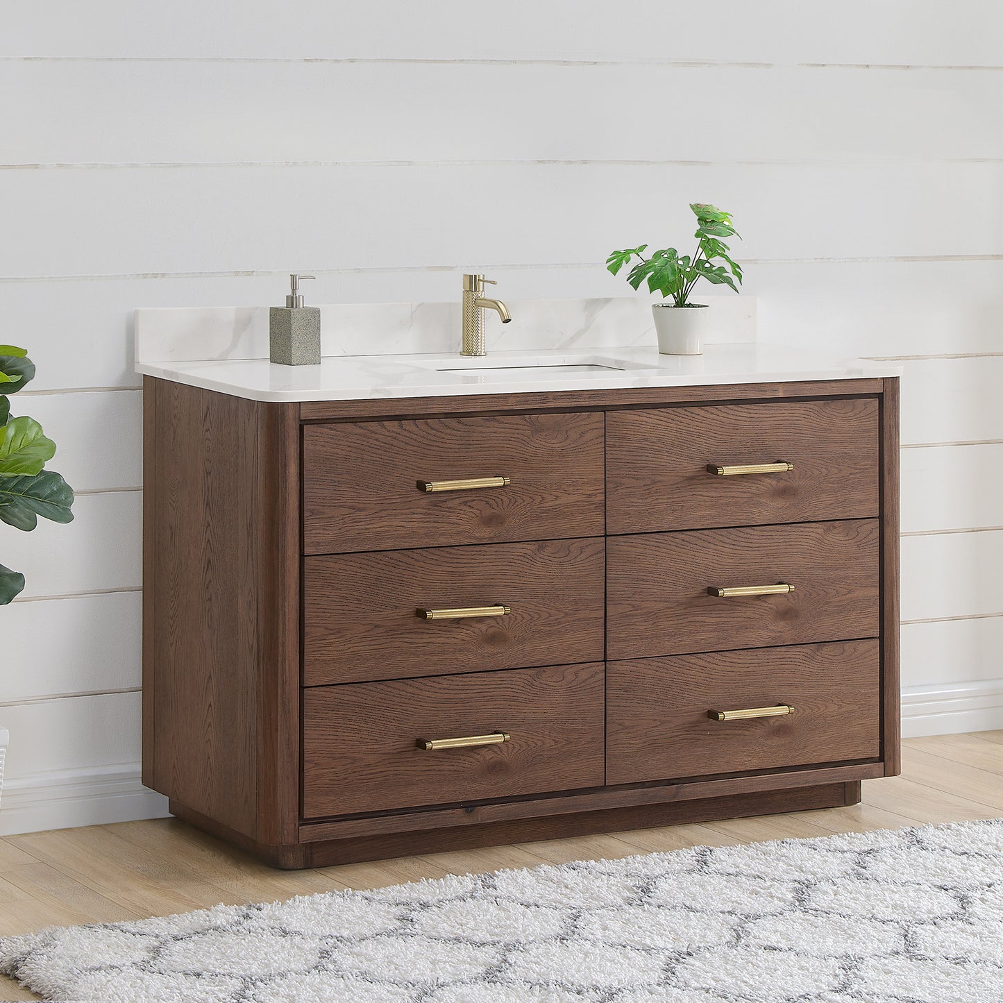 Vinnova, Porto 55" Free-standing Single Bath Vanity in Aged Dark Brown Oak with Fish Maw White Quartz Stone Top