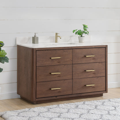 Vinnova, Porto 55" Free-standing Single Bath Vanity in Aged Dark Brown Oak with Fish Maw White Quartz Stone Top