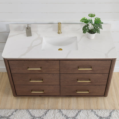 Vinnova, Porto 55" Free-standing Single Bath Vanity in Aged Dark Brown Oak with Fish Maw White Quartz Stone Top