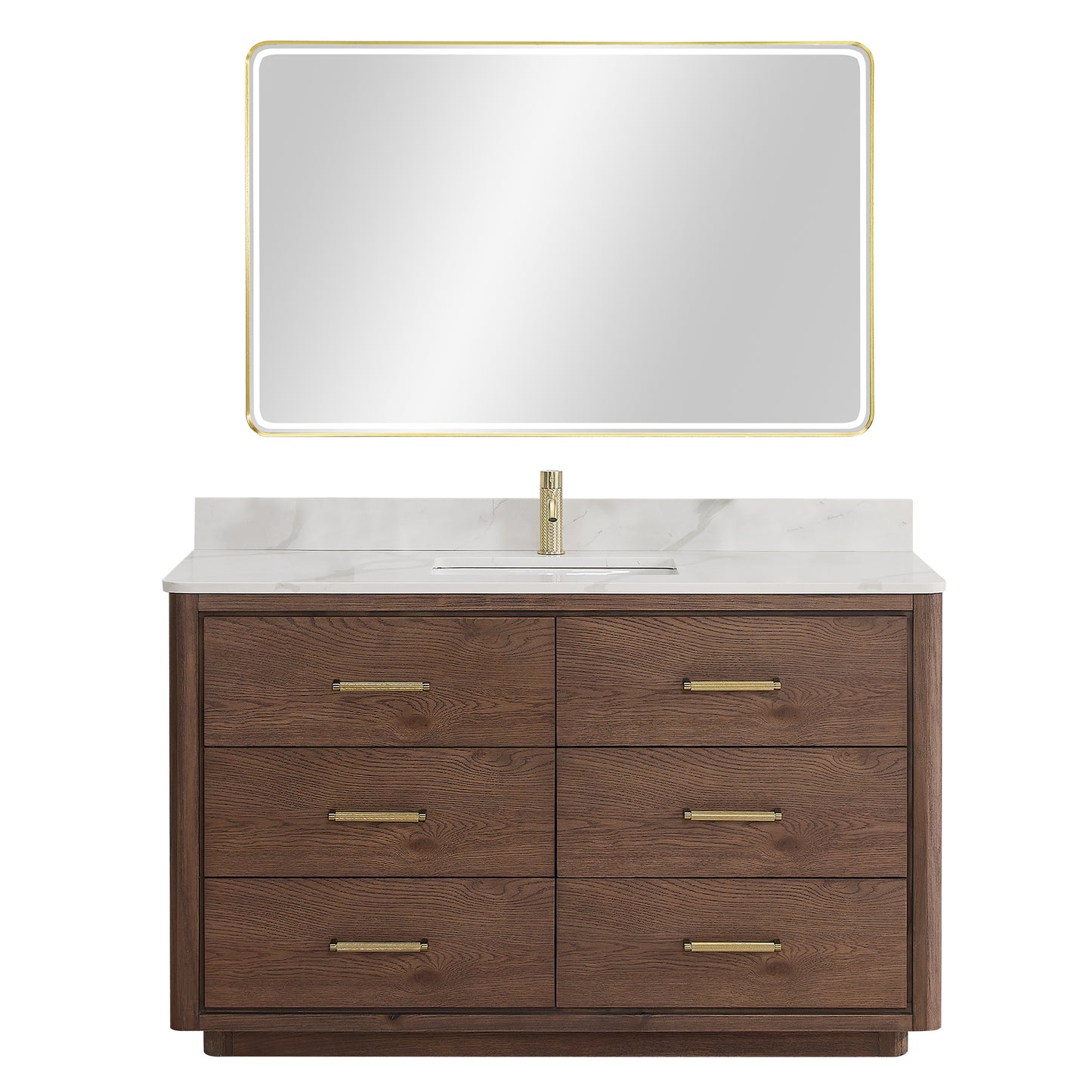 Vinnova, Porto 55" Free-standing Single Bath Vanity in Aged Dark Brown Oak with Fish Maw White Quartz Stone Top and Mirror