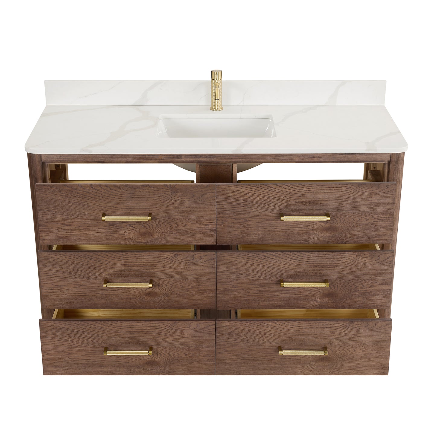 Vinnova, Porto 55" Free-standing Single Bath Vanity in Aged Dark Brown Oak with Fish Maw White Quartz Stone Top and Mirror