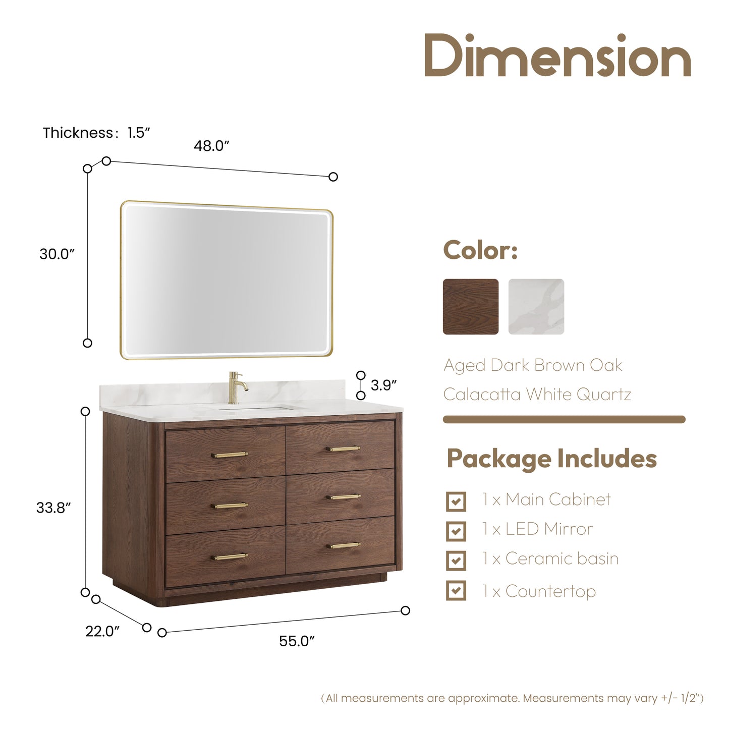 Vinnova, Porto 55" Free-standing Single Bath Vanity in Aged Dark Brown Oak with Fish Maw White Quartz Stone Top and Mirror