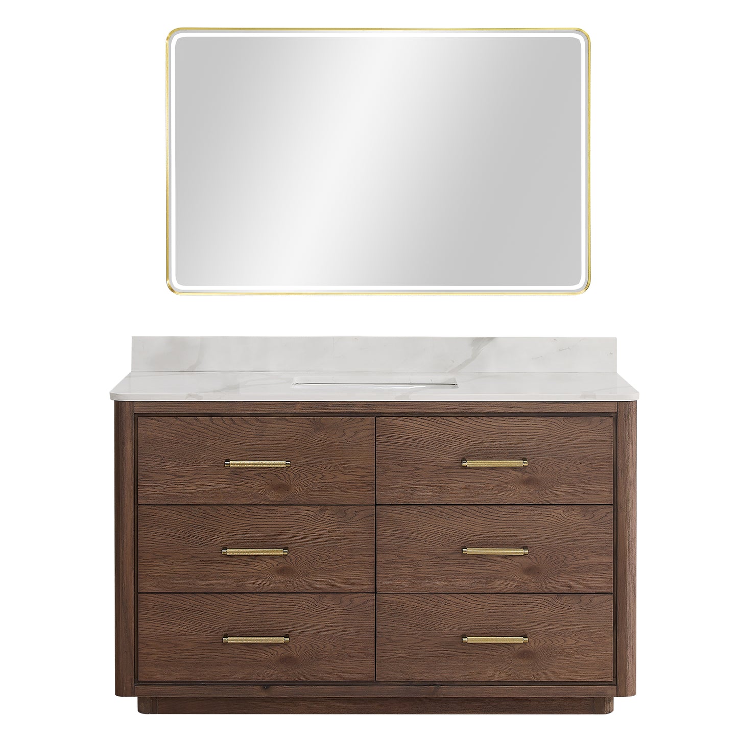 Vinnova, Porto 55" Free-standing Single Bath Vanity in Aged Dark Brown Oak with Fish Maw White Quartz Stone Top and Mirror