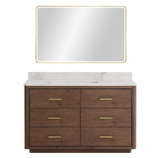 Vinnova, Porto 55" Free-standing Single Bath Vanity in Aged Dark Brown Oak with Fish Maw White Quartz Stone Top and Mirror