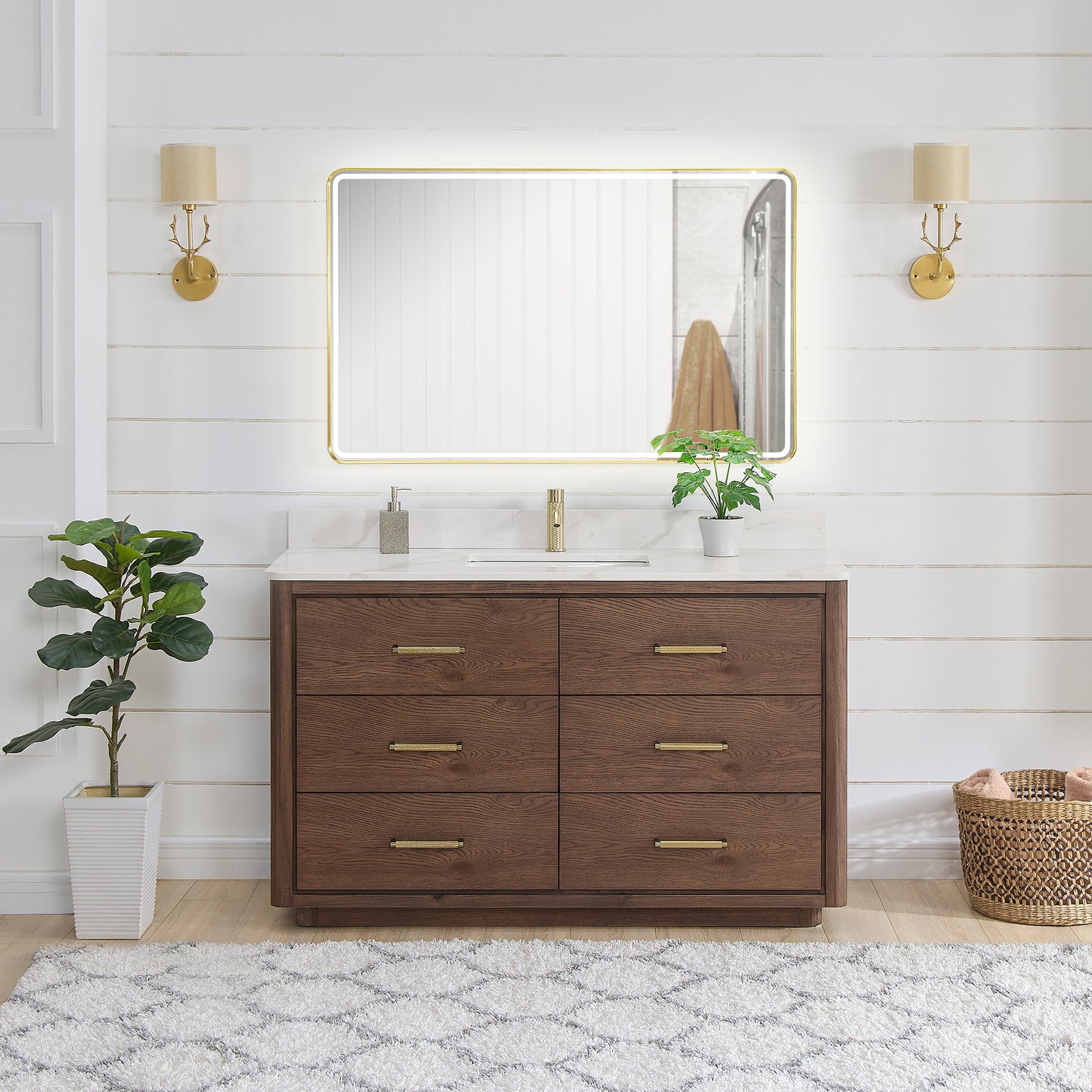 Vinnova, Porto 55" Free-standing Single Bath Vanity in Aged Dark Brown Oak with Fish Maw White Quartz Stone Top and Mirror