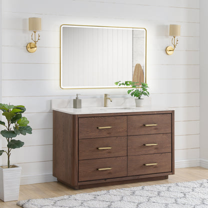 Vinnova, Porto 55" Free-standing Single Bath Vanity in Aged Dark Brown Oak with Fish Maw White Quartz Stone Top and Mirror