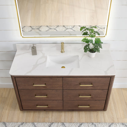 Vinnova, Porto 55" Free-standing Single Bath Vanity in Aged Dark Brown Oak with Fish Maw White Quartz Stone Top and Mirror