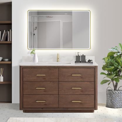 Vinnova, Porto 55" Free-standing Single Bath Vanity in Aged Dark Brown Oak with Fish Maw White Quartz Stone Top and Mirror