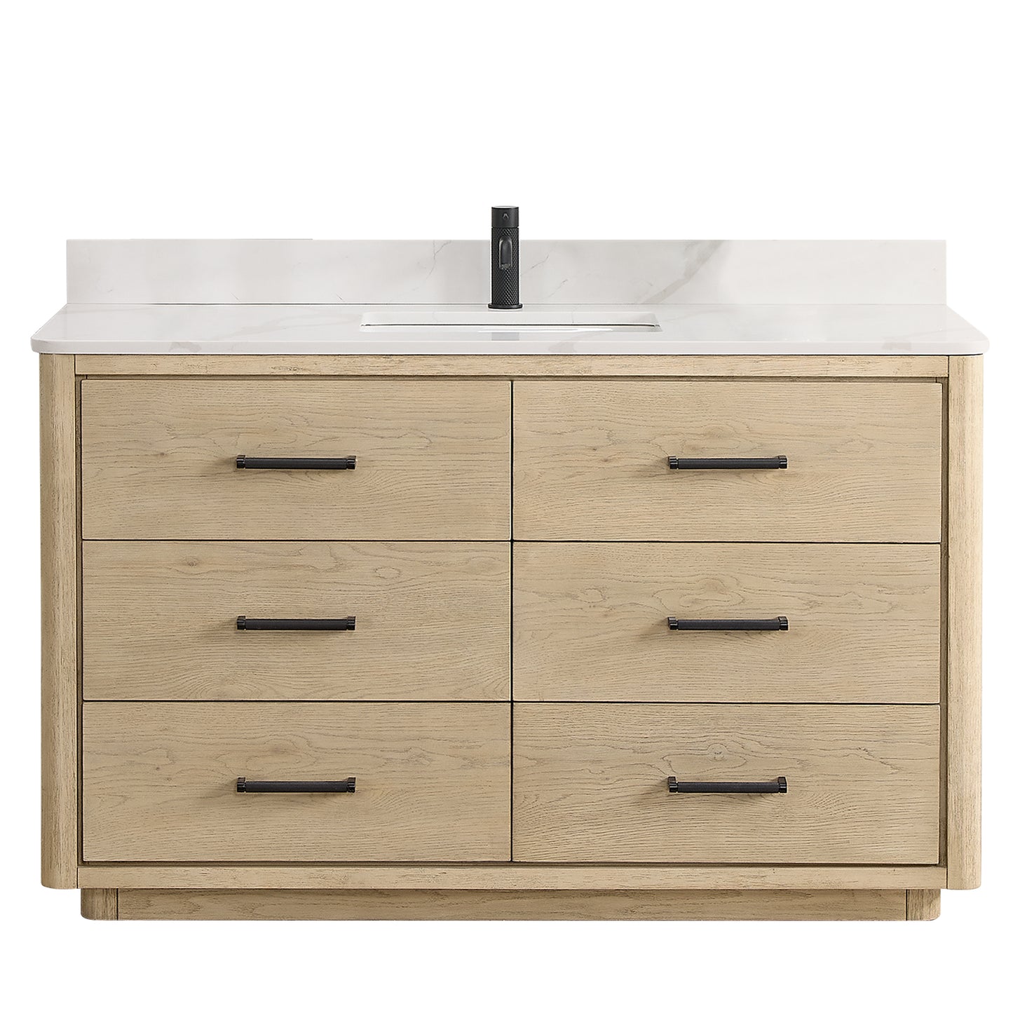 Vinnova, Porto 55" Free-standing Single Bath Vanity in Aged Natural Oak with Fish Maw White Quartz Stone Top