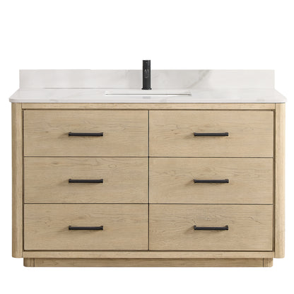 Vinnova, Porto 55" Free-standing Single Bath Vanity in Aged Natural Oak with Fish Maw White Quartz Stone Top