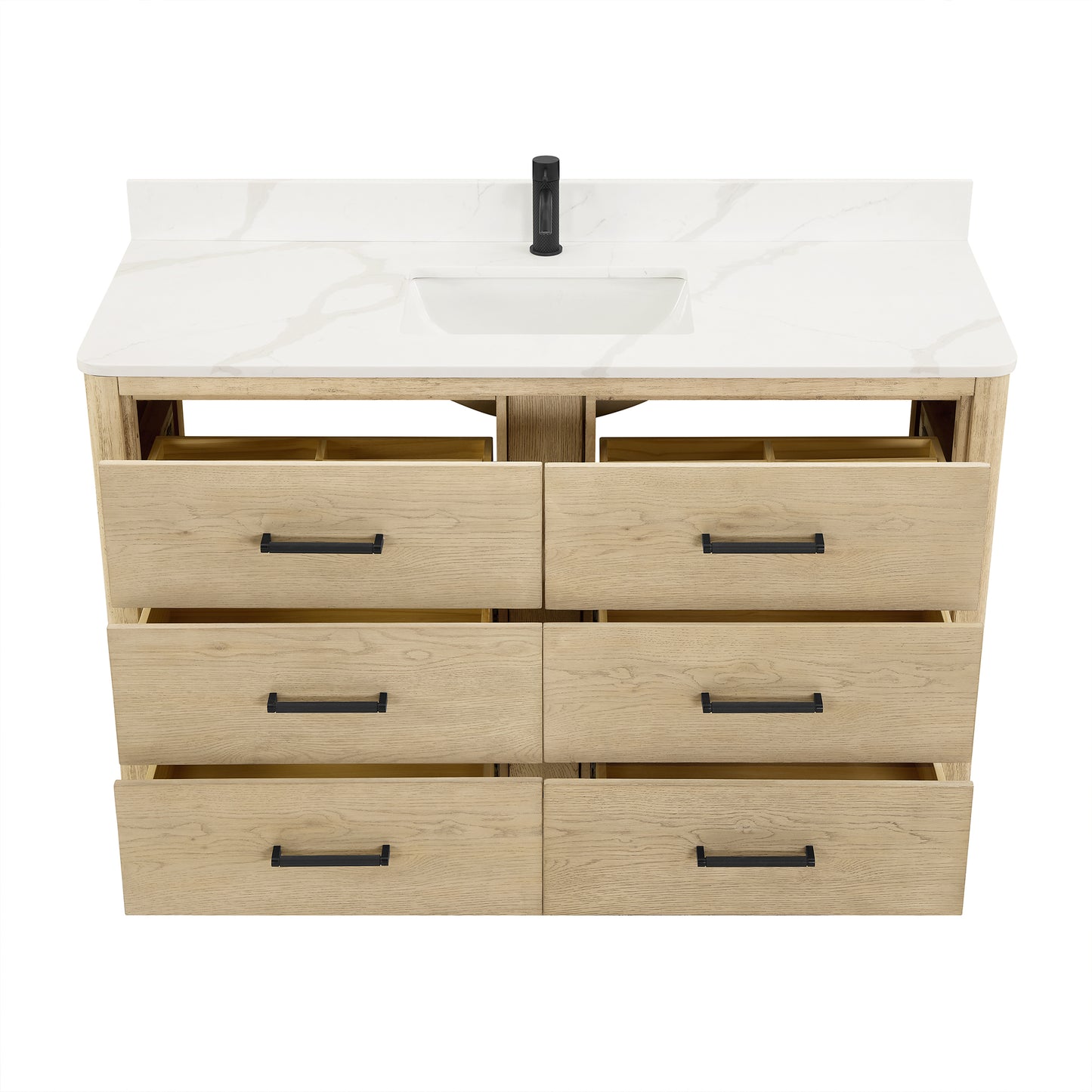 Vinnova, Porto 55" Free-standing Single Bath Vanity in Aged Natural Oak with Fish Maw White Quartz Stone Top