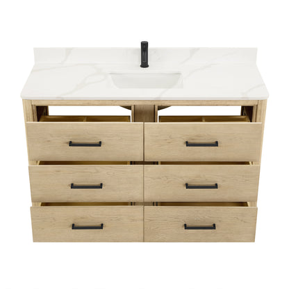 Vinnova, Porto 55" Free-standing Single Bath Vanity in Aged Natural Oak with Fish Maw White Quartz Stone Top