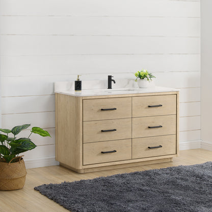 Vinnova, Porto 55" Free-standing Single Bath Vanity in Aged Natural Oak with Fish Maw White Quartz Stone Top