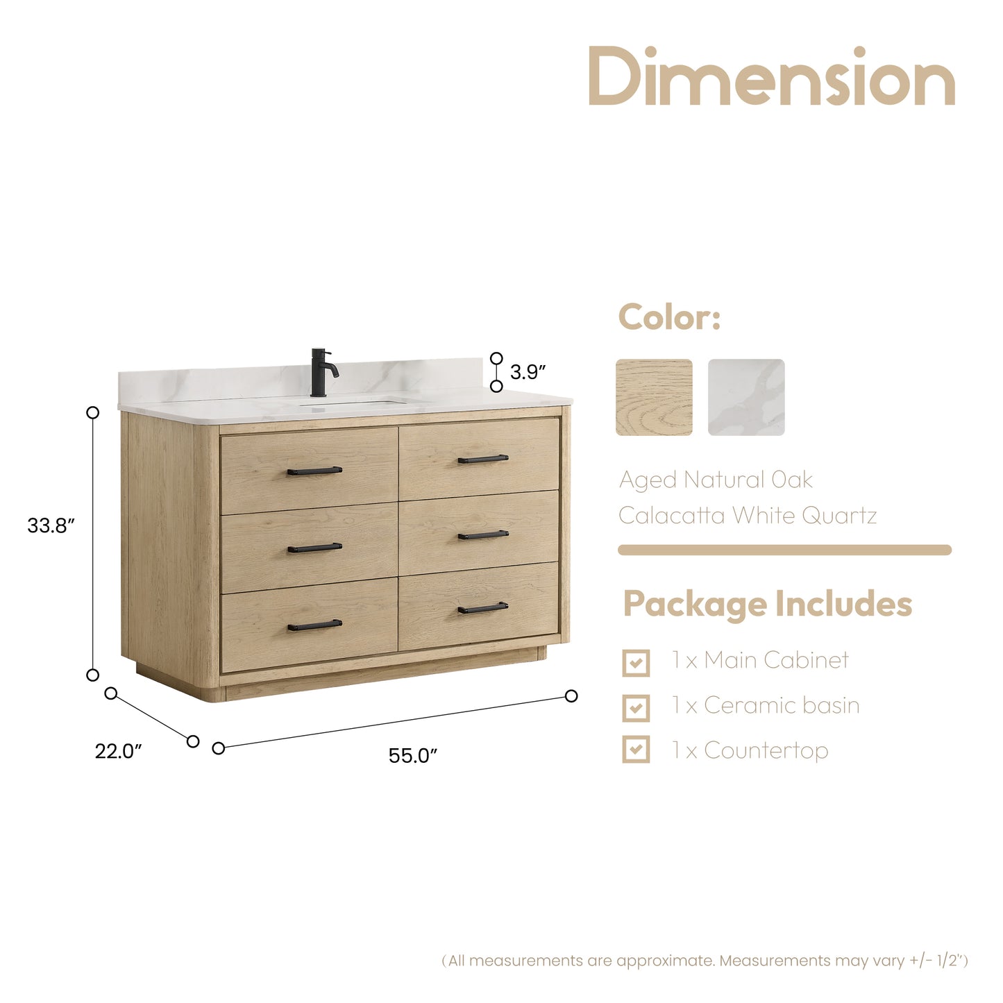 Vinnova, Porto 55" Free-standing Single Bath Vanity in Aged Natural Oak with Fish Maw White Quartz Stone Top