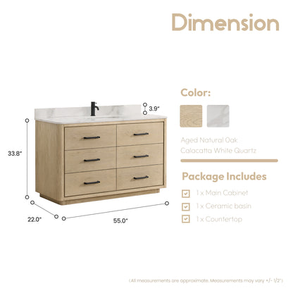 Vinnova, Porto 55" Free-standing Single Bath Vanity in Aged Natural Oak with Fish Maw White Quartz Stone Top