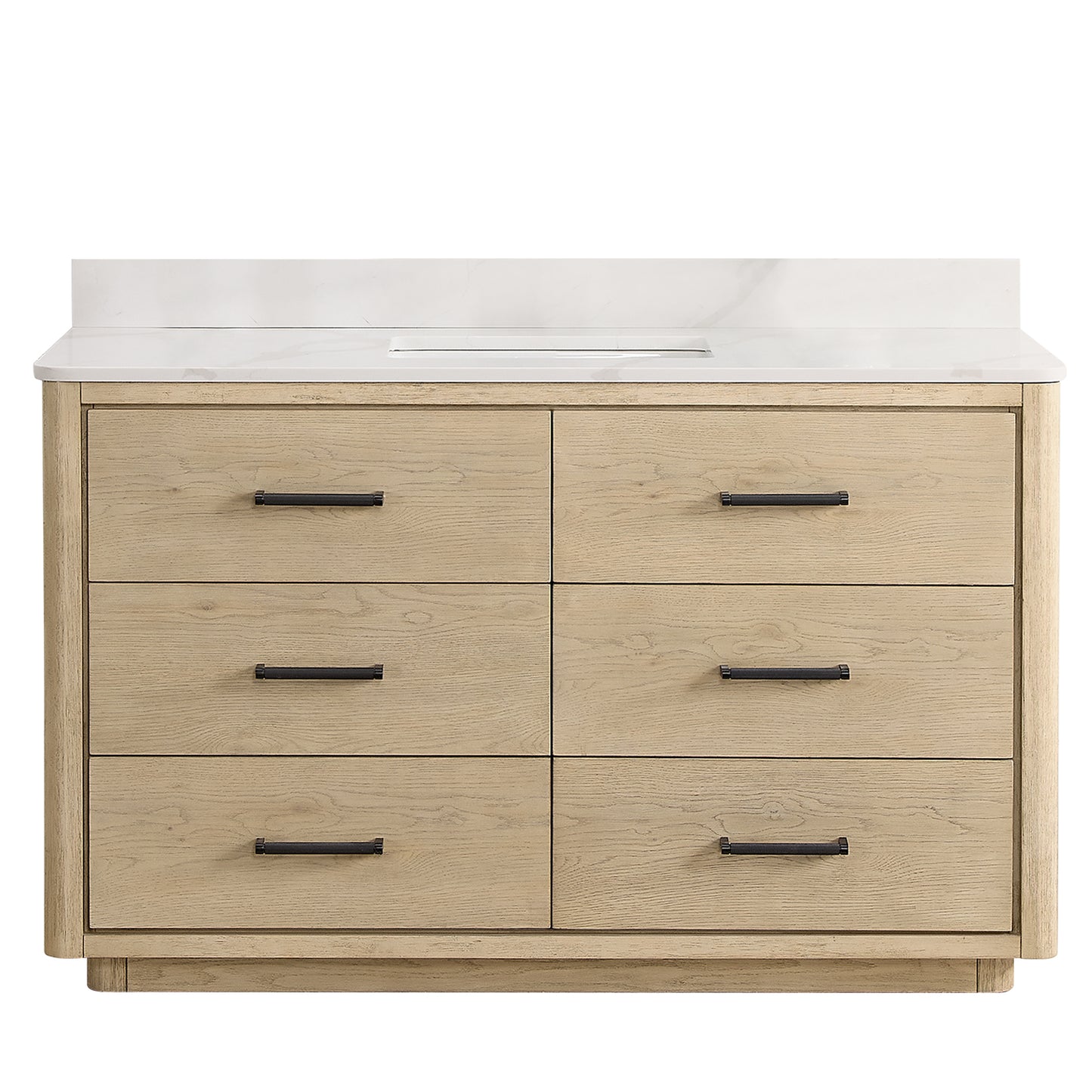 Vinnova, Porto 55" Free-standing Single Bath Vanity in Aged Natural Oak with Fish Maw White Quartz Stone Top