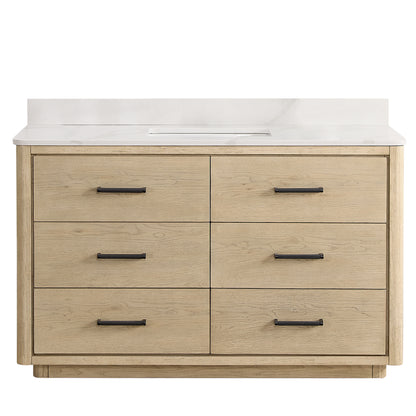 Vinnova, Porto 55" Free-standing Single Bath Vanity in Aged Natural Oak with Fish Maw White Quartz Stone Top