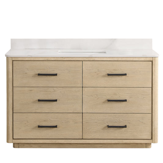 Vinnova, Porto 55" Free-standing Single Bath Vanity in Aged Natural Oak with Fish Maw White Quartz Stone Top