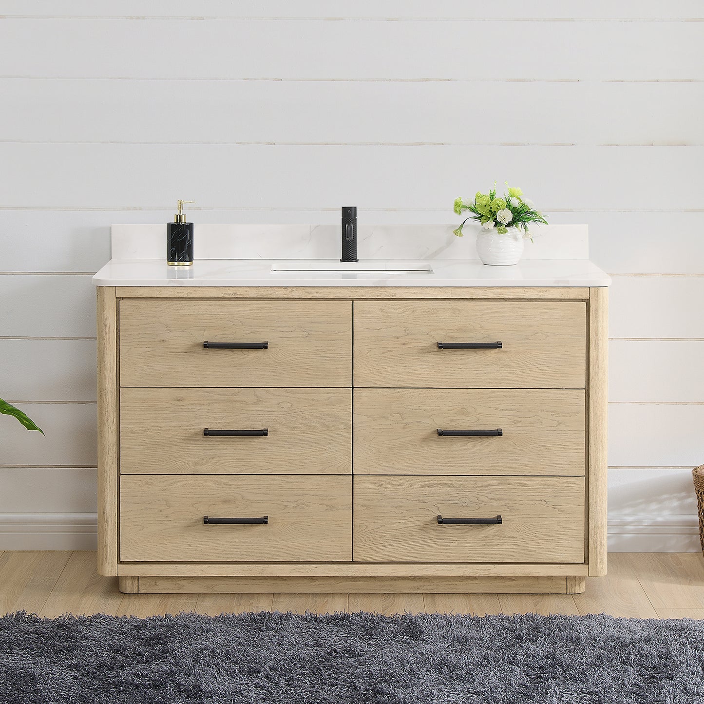 Vinnova, Porto 55" Free-standing Single Bath Vanity in Aged Natural Oak with Fish Maw White Quartz Stone Top