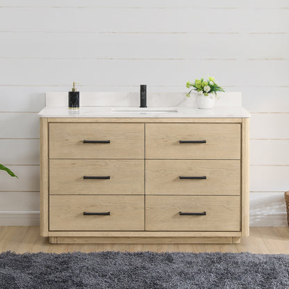 Vinnova, Porto 55" Free-standing Single Bath Vanity in Aged Natural Oak with Fish Maw White Quartz Stone Top