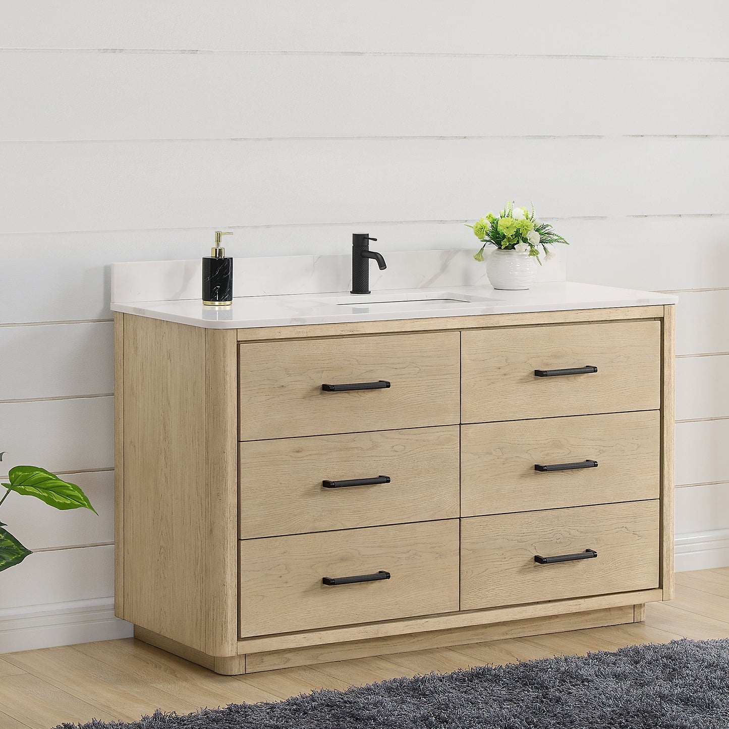 Vinnova, Porto 55" Free-standing Single Bath Vanity in Aged Natural Oak with Fish Maw White Quartz Stone Top