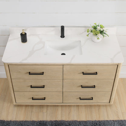 Vinnova, Porto 55" Free-standing Single Bath Vanity in Aged Natural Oak with Fish Maw White Quartz Stone Top