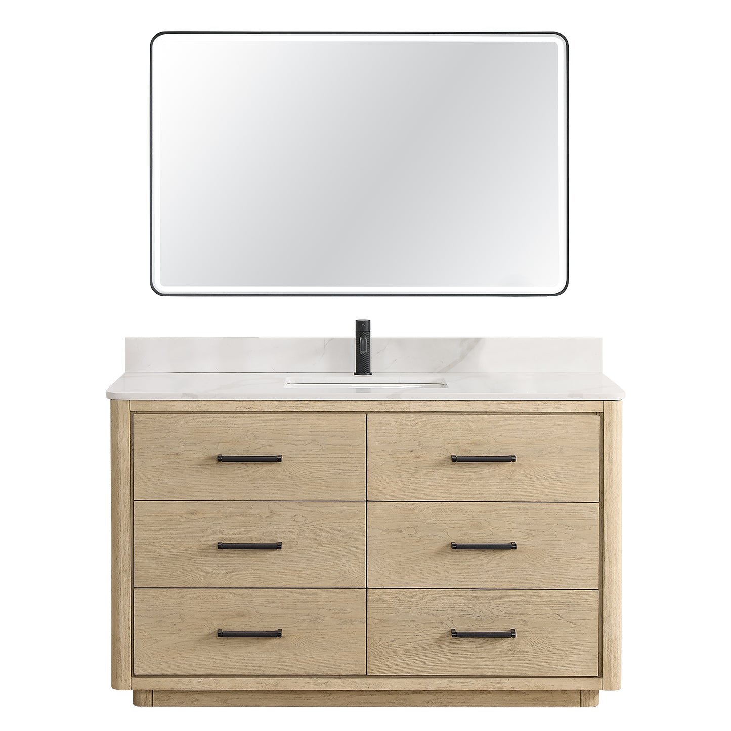 Vinnova, Porto 55" Free-standing Single Bath Vanity in Aged Natural Oak with Fish Maw White Quartz Stone Top and Mirror