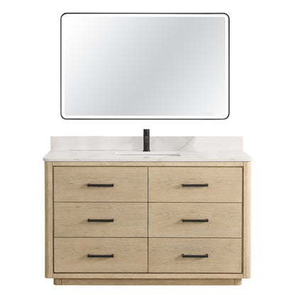 Vinnova, Porto 55" Free-standing Single Bath Vanity in Aged Natural Oak with Fish Maw White Quartz Stone Top and Mirror