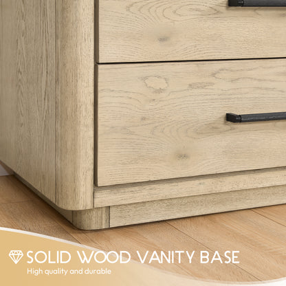 Vinnova, Porto 55" Free-standing Single Bath Vanity in Aged Natural Oak with Fish Maw White Quartz Stone Top and Mirror