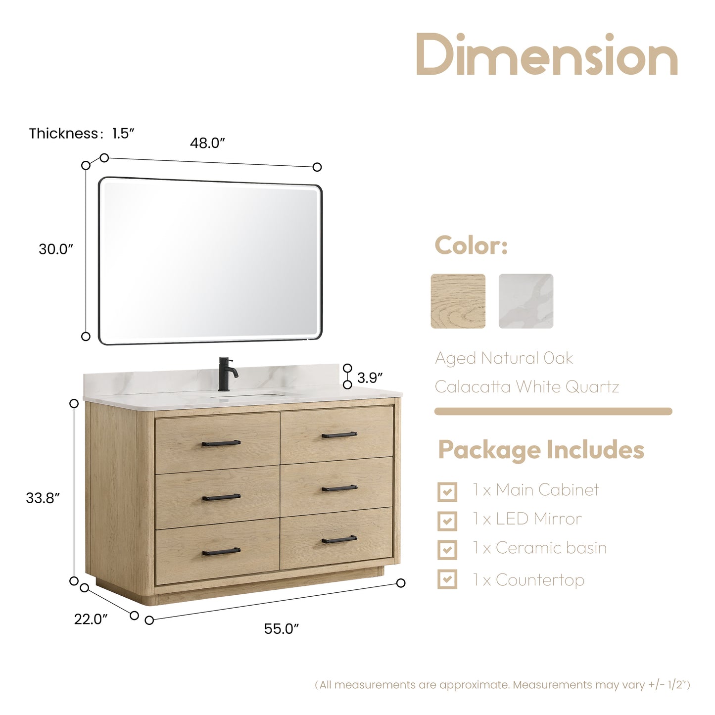 Vinnova, Porto 55" Free-standing Single Bath Vanity in Aged Natural Oak with Fish Maw White Quartz Stone Top and Mirror