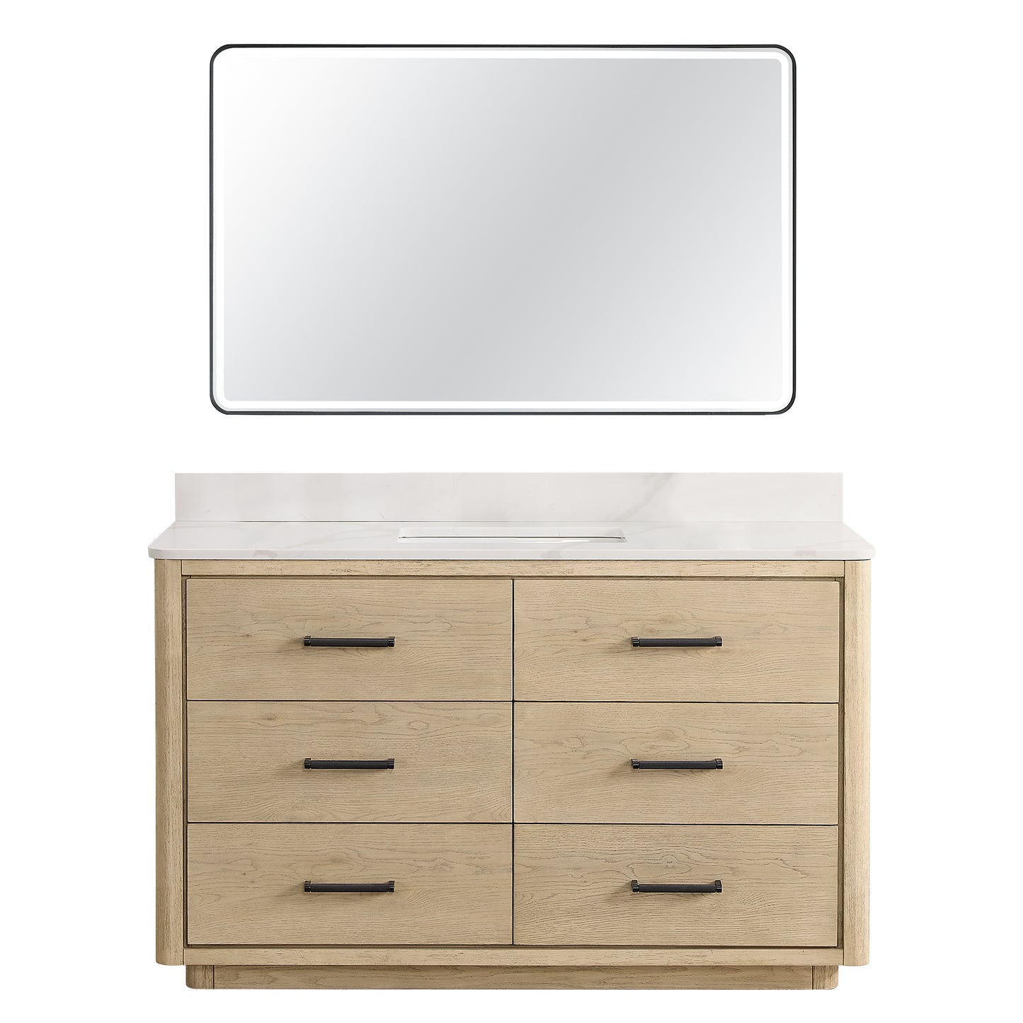 Vinnova, Porto 55" Free-standing Single Bath Vanity in Aged Natural Oak with Fish Maw White Quartz Stone Top and Mirror